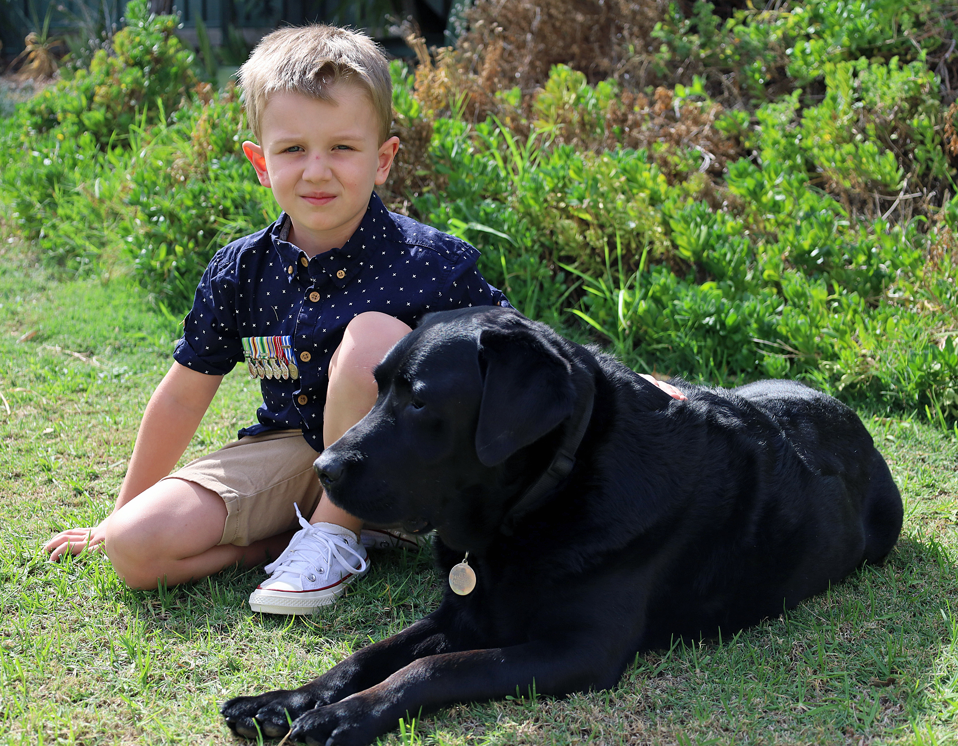 A Boy with his Dog and Dad's Medals